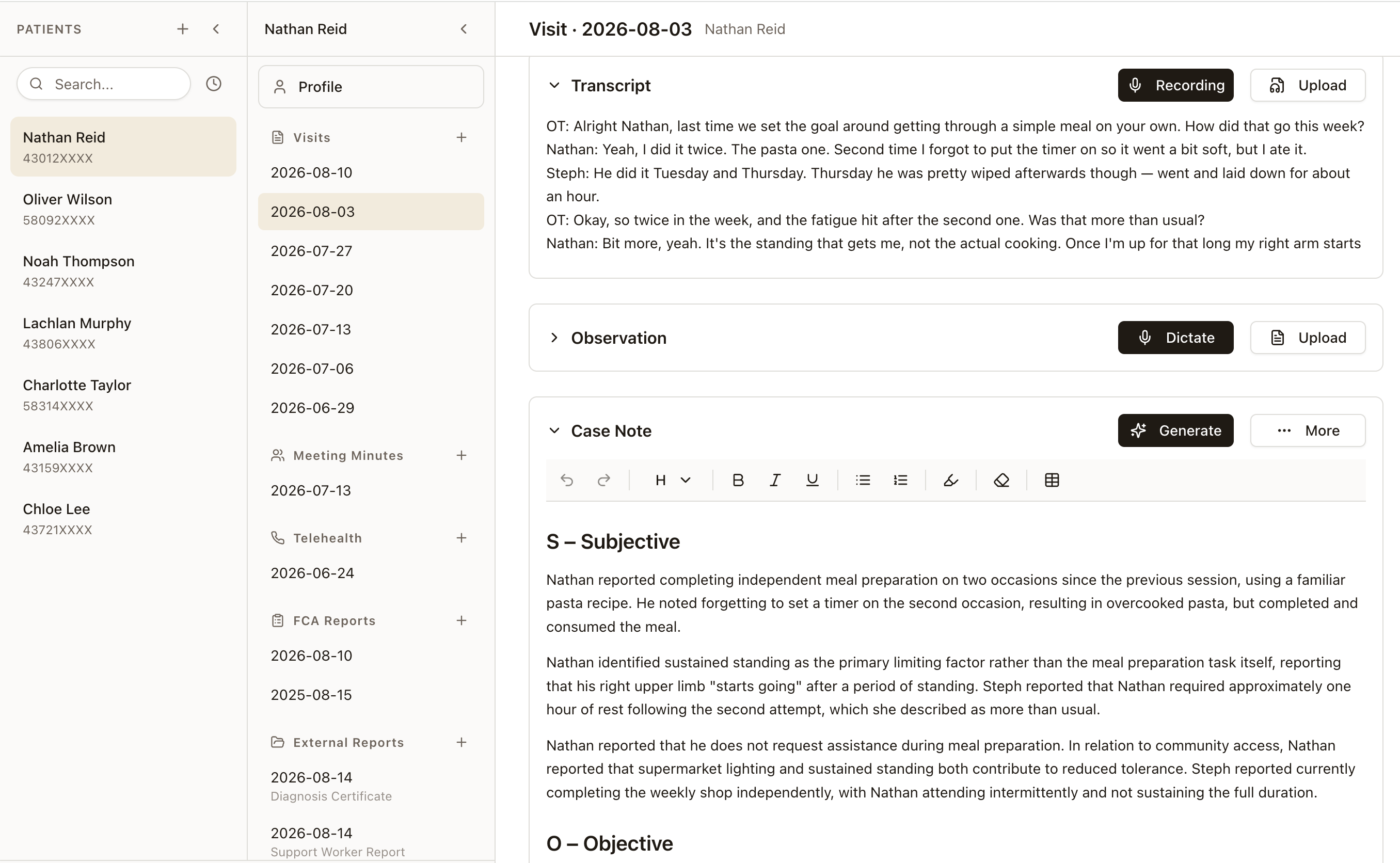 ClinEmpower workspace showing a patient sidebar and a generated Case Note
