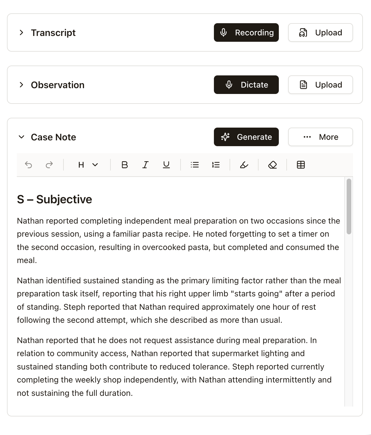 A generated Case Note